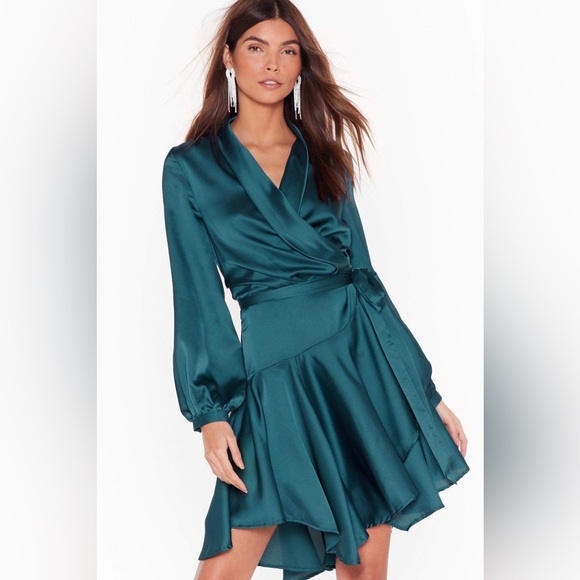 NWT Nasty Gal Teal Satin Wrap Dress size 2 - Picture 1 of 4